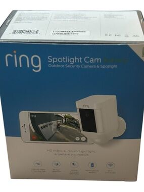 Ring Spotlight Cam Battery in White and Blue Packaging
